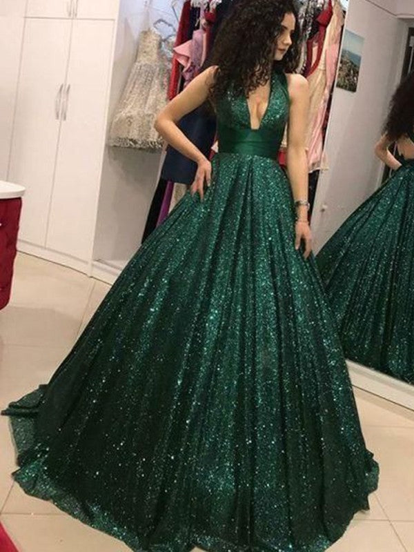 Wholesale Ball Gown Sequins Ruffles Halter Sleeveless Floor-Length Dresses
